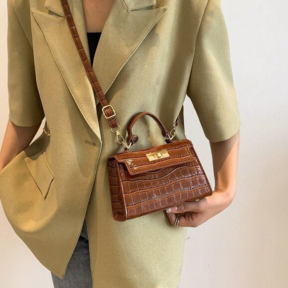 Coffee Brown Elegant Women's Crocodile Embossed Mini Square Bag - Picture 2 of 7